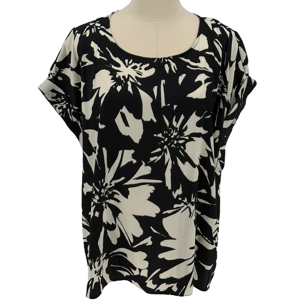 Nine West Blouse Black‎ White Floral Cuffed Short Sleeve XXL